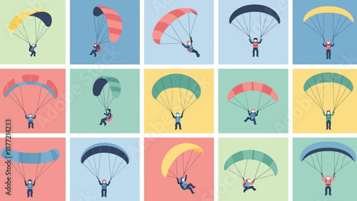 Colorful Parachuting Silhouettes in Various Poses and Colors.