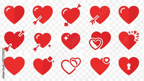Collection of Red Hearts with Arrows and Sparkles Icons.