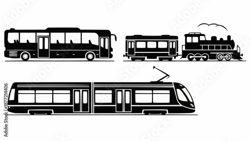 Collection of public transportation vehicles including bus train and tram.