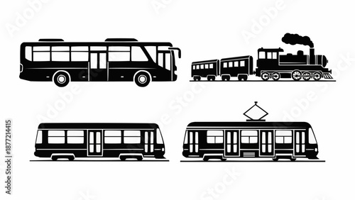 Collection of public transportation vehicles including bus train and tram silhouettes.