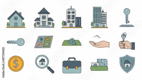 Collection of Real Estate Icons and Symbols Representing Property.