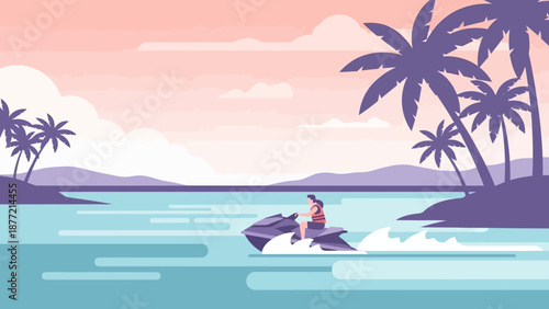 Person riding a jet ski in a tropical paradise with palm trees and islands.