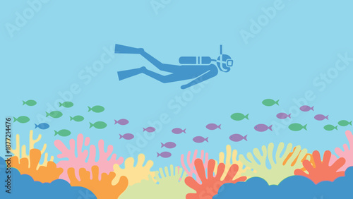 Scuba diver exploring vibrant underwater coral reef with colorful fish.