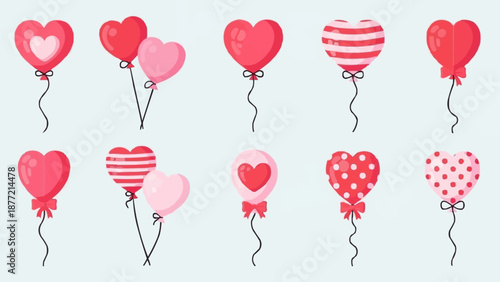 Collection of red and pink heart shaped balloons for celebration.