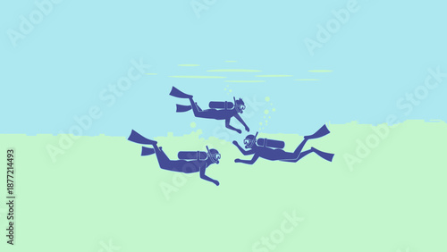 Three scuba divers swimming underwater in the ocean.