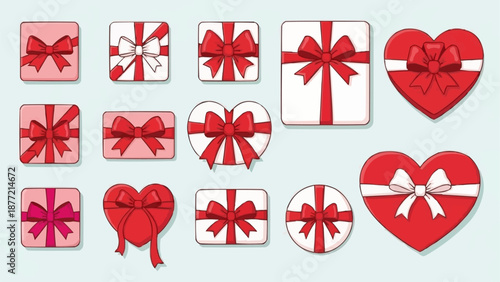 Collection of red gift boxes with ribbons and bows.