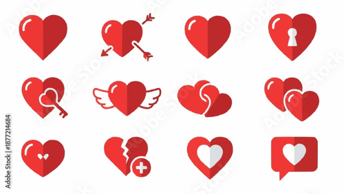 Collection of Red Heart Icons for Valentines Day and Love.