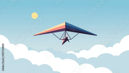 Person hang gliding in a serene blue sky with clouds.
