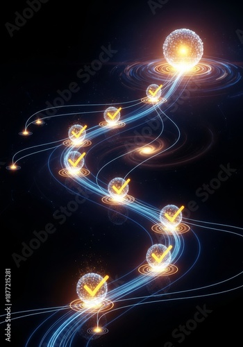 Technology adoption flow with glowing checkpoints -No text, no logo.