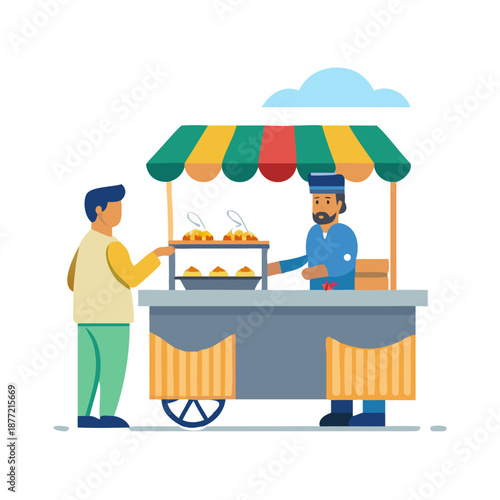 Indian street food vendor serving customer at stall in flat design