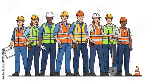 A diverse team of construction workers wearing hard hats and safety vests, standing together with tools and equipment.
