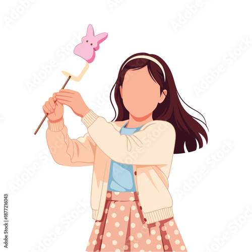Girl roasts marshmallow peep bunny on stick. Easter, spring, camping, cooking, holiday, sweet treat, outdoor fun, childhood memories concept.