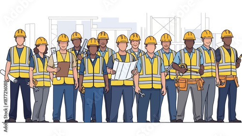 Diverse group of construction workers wearing hard hats and safety vests on a job site, representing teamwork and industry.