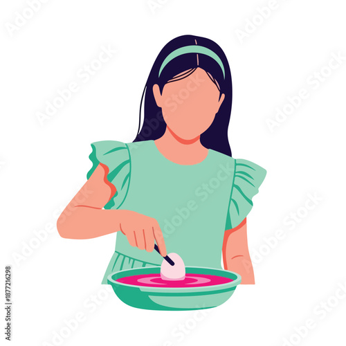 Girl dying egg pink with spoon for easter. Vibrant and creative image for diy, easter, holiday, crafts, kids, and cooking projects.