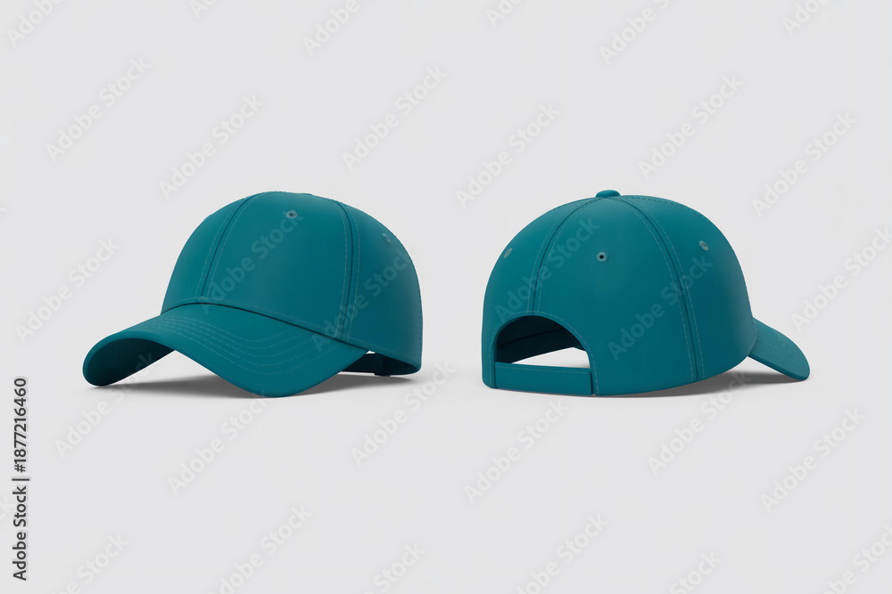 Fototapeta premium Teal baseball cap shown from front and back angles on white background