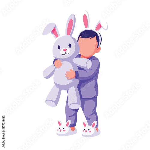 Boy in pajamas hugs plush bunny with bunny ears. Suitable for childrens book illustrations, easterthemed designs, or cozy product promotions.
