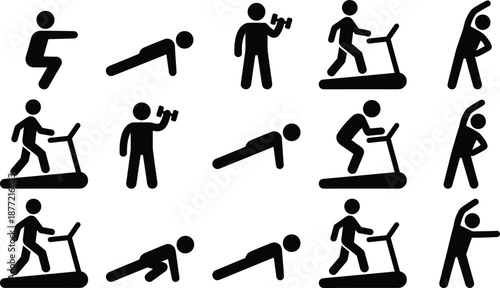 Gym fitness icon set, workout exercise pictograms, treadmill running, weightlifting dumbbells, pushups, squats, stretching, cardio training, health club signs, vector symbols.