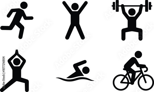 Fitness and sports icons set featuring running, stretching, weightlifting, yoga, swimming, and cycling black silhouette vector symbols for healthy lifestyle design.