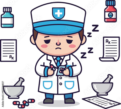 Pharmacist overwhelmed by work, surrounded by pills and prescriptions. Suitable for medical brochures, online pharmacies, healthcare blogs.