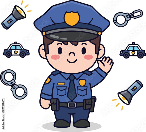 Cute policeman with cop cars and handcuffs, perfect for policerelated designs, childrens educational materials, or crime prevention campaigns.