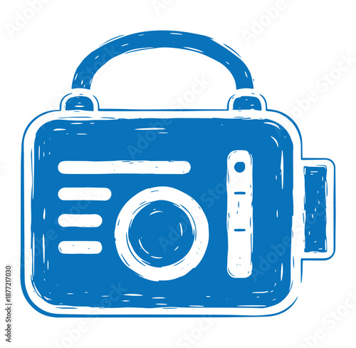 Blue camera icon with handle and lens on white background