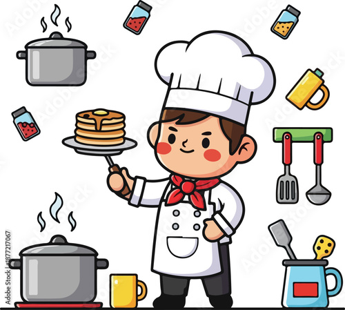 Chef presents pancakes amidst kitchen tools. Suitable for food blogs, recipe websites, cooking classes, and culinary promotions.