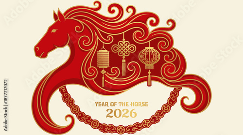 2026 Year of the Horse vector design with golden typography, zodiac animal illustration, festive greeting — perfect for Chinese New Year cards and celebration graphics