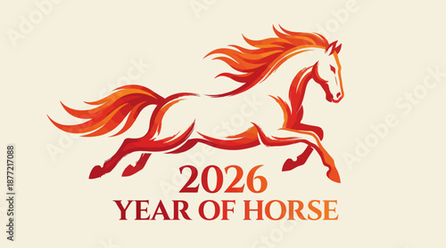 2026 Year of the Horse vector design with golden typography, zodiac animal illustration, festive greeting — perfect for Chinese New Year cards and celebration graphics