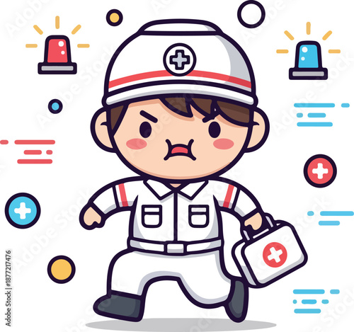 Paramedic in action with a medical kit. Suitable for healthcare, emergency services, first aid, and paramedicthemed designs or projects.