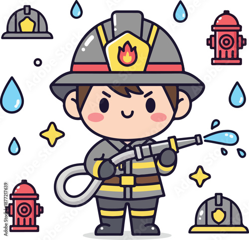 Cute cartoon firefighter with hose, helmet, hydrants, and raindrop designs. Perfect for childrens books, fire safety materials, or educational presentations.
