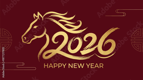 2026 Year of the Horse vector design with golden typography, zodiac animal illustration, festive greeting — perfect for Chinese New Year cards and celebration graphics