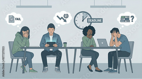 Stressful work environment team struggles with deadlines and failures in an office setting