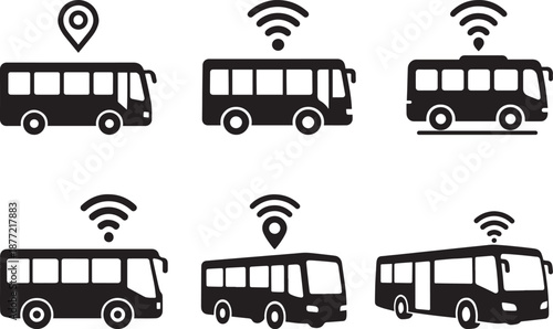 Smart public transport bus tracking and wifi connection icon set bundle for urban mobility, transit systems, and smart city design concepts
