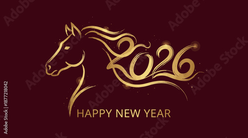 2026 Year of the Horse vector design with golden typography, zodiac animal illustration, festive greeting — perfect for Chinese New Year cards and celebration graphics