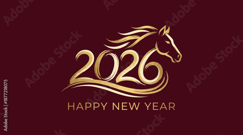 2026 Year of the Horse vector design with golden typography, zodiac animal illustration, festive greeting — perfect for Chinese New Year cards and celebration graphics