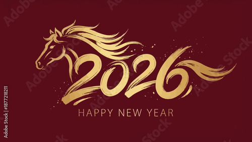 2026 Year of the Horse vector design with golden typography, zodiac animal illustration, festive greeting — perfect for Chinese New Year cards and celebration graphics