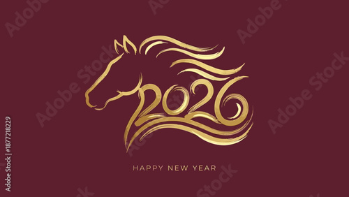 2026 Year of the Horse vector design with golden typography, zodiac animal illustration, festive greeting — perfect for Chinese New Year cards and celebration graphics