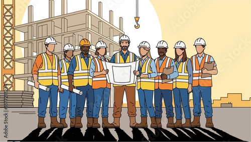 A diverse team of construction workers and engineers reviewing blueprints at a building site with a crane and unfinished structure.