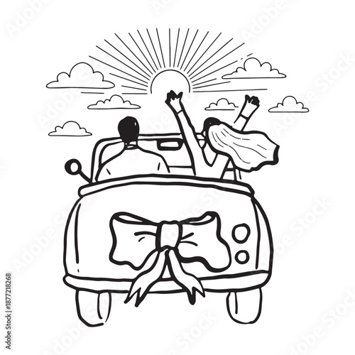 Just Married Couple Driving Convertible Car Towards Sunset.