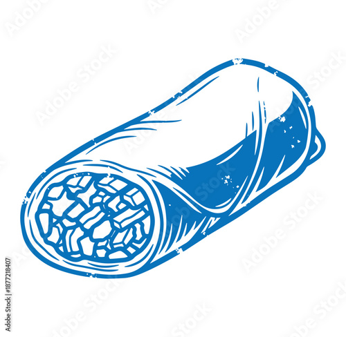 Blue illustration of a burrito with filling showing on one end on white background