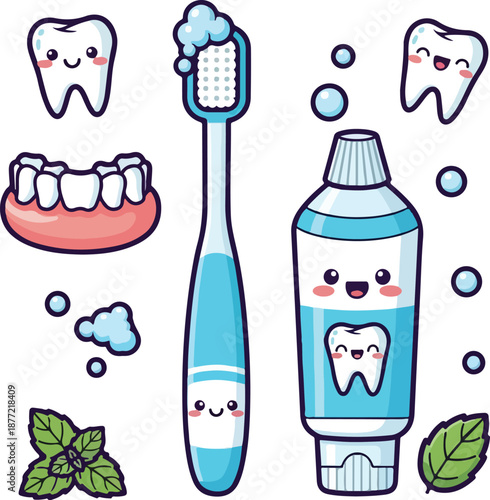 Teeth dentures with a toothbrush and toothpaste surrounded by bubbles and mint leaves, suitable for dental hygiene or oral care products.