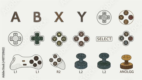 Collection of various video game controller buttons and input components.
