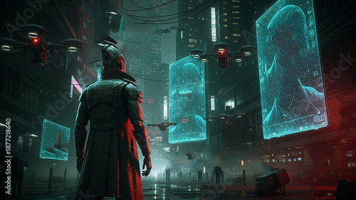 Cyberpunk warrior standing in futuristic cityscape with drones and holographic screens