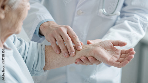 healthcare provider measuring heart rate senior pulse checkup clinical setting