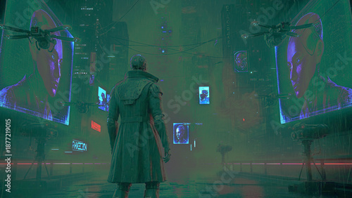 Man in futuristic cityscape with neon lights and screens