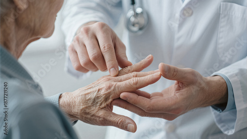 rheumatologist checking elderly finger joints arthritis inflammation medical diagnosis