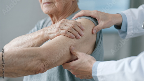 Professional physiotherapist treating elderly patient shoulder joint mobility exercise rehabilitation clinic healthcare medical assistance recovery therapy