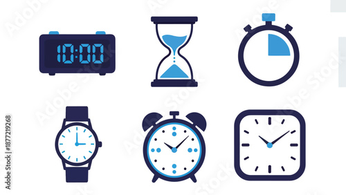 Clock and time icons flat design vector illustration set. Blue icon bundle. Line and glyph icon set. Outline and solid icon collection. Editable Stroke Flat Vector