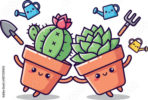 Potted cactus and succulent plants with gardening tools in a cheerful dance, suitable for gardening blogs, social media, and print.