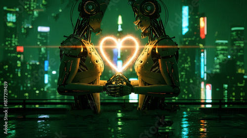 Robotic couple sharing a glowing heart in neon cityscape